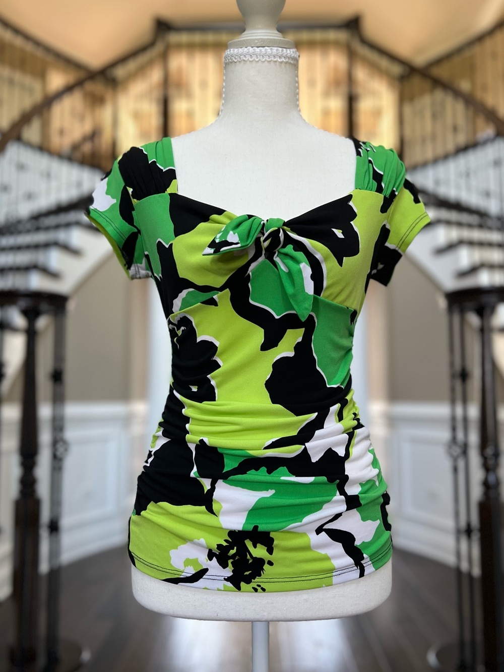 Vintage Y2K Cache Women Green Black White Floral Print Front Ruched Fitted Top M